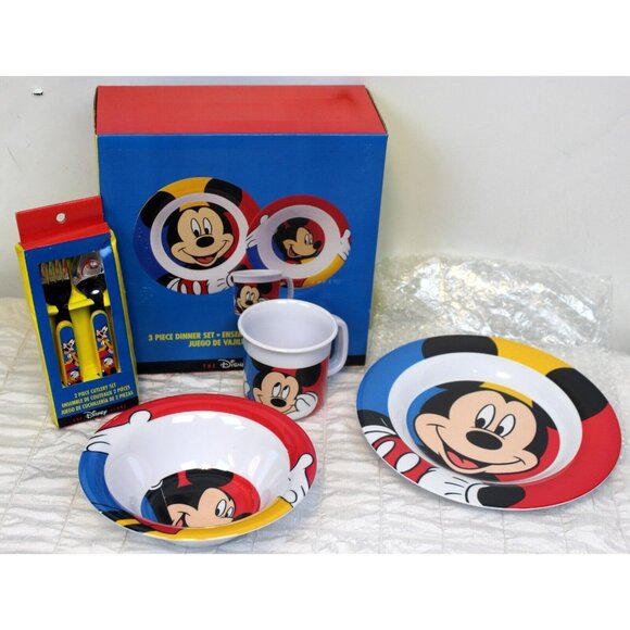 Vtg 90s Disney Dinner Set Color Block Mickey Plate Bowl Cup Fork Spoon Melamine - Picture 1 of 14